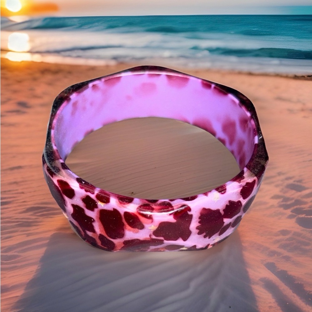 Purple Leopard Print Hexagon Acrylic Bangle Bracelet Star Glitter Y2K Chunky